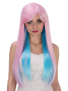 Halloween perruques longues raie perruques synthétiques sur le côté des femmes tout droit deux tons