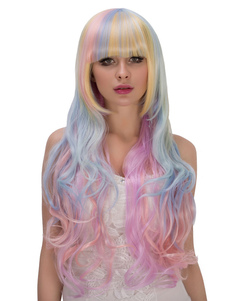 Halloween Rainbow perruques Volume complet boucles contondant frange couches Pastel cheveux perruque