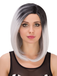 Argent gris droite raie sur le côté Halloween cheveux perruques féminines les perruques synthétiques