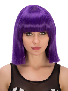 Frange violette Halloween cheveux perruques féminines épaule longueur perruques synthétiques directe
