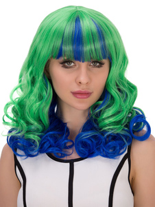 Halloween cheveux perruques verts bleu en couches bouclés longues perruques synthétiques avec frange
