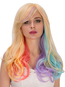 Halloween Rainbow perruque longue frisée du côté des femmes a balayé des perruques de cheveux humain