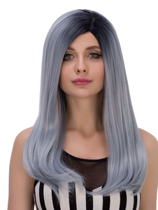 Halloween cheveux perruques gris cheveux synthétiques de longue ligne droite en couches féminines