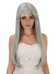 Longue ligne droites perruques Halloween Silver gris balayée par le côté des perruques synthétiques