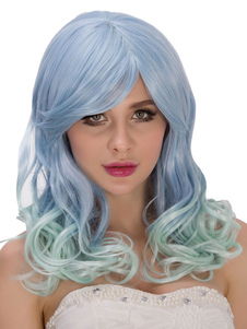 Halloween bleu plein Volume perruques longues femmes boucles côté adieu cheveux perruques