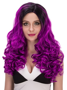 Long bouclé Halloween Perruques raie synthétiques de cheveux sur le côté Balck Purple Ombre féminine