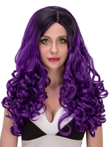 Halloween longues perruques féminines Purple bouclés en couches des perruques de cheveux humains ave