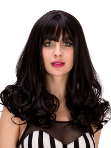 Halloween perruques longues noir boucles serties en couches contondant frange cheveux perruques pour