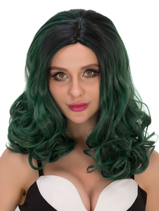 Halloween Perruques de cheveux en couches longues perruques féminines frisé vert foncé