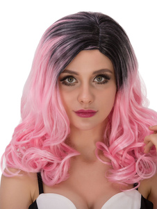 Bouclés Halloween Perruques longue Ombre côté séparation féminin cheveux synthétiques perruques rose