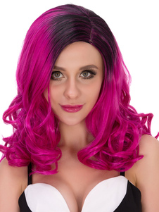 Halloween Rose rouge Ombre perruques longues féminin bouclé couches côté adieu cheveux perruques