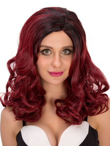 Halloween Perruques de cheveux en couches longues perruques féminines bouclés Bourgogne