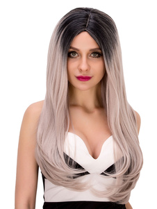 Straight Halloween perruques longues Ombre cheveux féminine Centre adieu cheveux synthétique gris pe