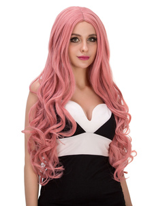 Halloween Perruques cheveux synthétiques longues perruques cheveux ondulés bouclés féminines en rose