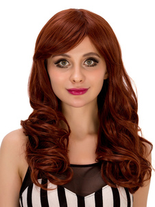 Longues perruques Halloween rouge des femmes frisée sertis boucles avec côté balayé Bangs pour femme