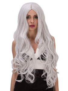 Silver Halloween Perruques longs bouclé Centre en couches se séparer perruques de cheveux synthétiqu