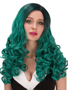 Bouclés Halloween Perruques perruques de cheveux synthétiques moelleux Ombre longue vert