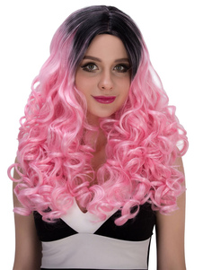 Perruque rose bonbon Ombre féminines Halloween Long bouclés couches synthétiques de cheveux