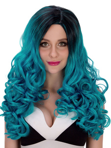 Perruques longues bleu Ombre bouclés cheveux synthétiques multicouches perruques féminines Halloween