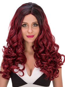 Halloween cheveux perruques foncé rouge Long bouclés en couches perruques synthétiques féminines