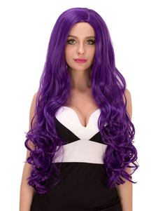 Halloween perruques longues bouclés Purple femmes côté séparation en couches synthétiques de cheveux
