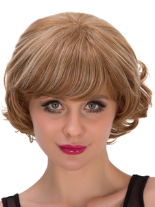 Halloween Perruques courtes brun perruques cheveux bouclés avec frange pour femme