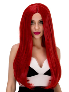 Rouge Halloween Perruques perruques de cheveux synthétiques de cheveux raides longs Centre Parting f