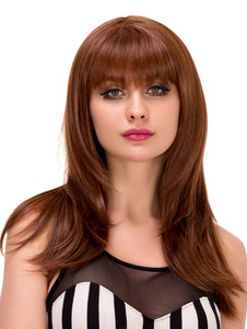 Halloween Perruques longue ligne droite brun cheveux synthétiques perruque avec frange émoussée en c