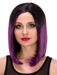 Perruques courtes violet Halloween côté droit séparation noir à perruques cheveux synthétique violet