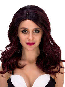 Bouclés Halloween Perruques perruques synthétiques Bourgogne longue Ombre cheveux côté séparation fé