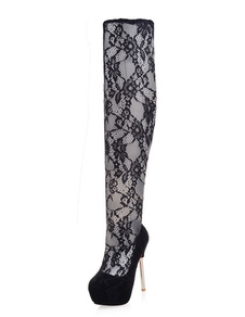 Cuissardes à talons aigus en dentelle unicolore Tige réglable avec dentelle de polyuréthane / PU
