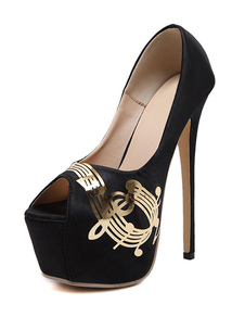 Chaussures sublimes à bout ouvert à talons aigus en satin noir unicolore mocassin ornement métalliqu