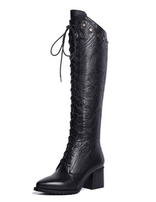 Bottes femme à talons épais en cuir artistique avec lacets