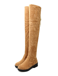 Cuissardes à talons chiots en micro daim unicolore Tige réglable avec ruban en peluche courte artifi