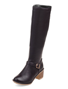 Bottes à talons épais en PU unicolore avec boucle