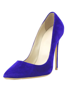 Fabuleuses chaussures à talons à talons aigus en cuir suédé bleu royal unicolore mocassin Sans ornem