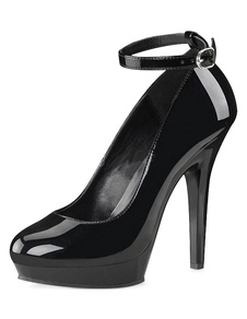 Escarpins beaux à plateforme à talons aigus en PU noir unicolore ruban aux chevilles de polyuréthane