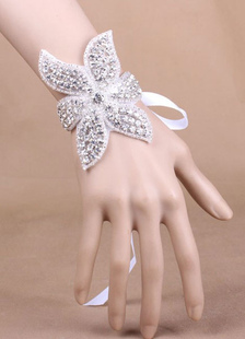 Blanc strass Fingerless gants de mariée rubans poignet nuptiale