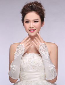 Mariée en satin dentelle noeuds Ivoire coude Fingerless longueur Bridal gants