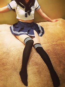 Halloween Nerd Costume école Sexy Girl Blue Crop Top avec fente Skater Mini jupe