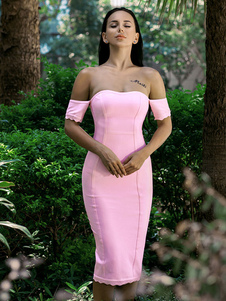 Robe rose Sexy au large de l’épaule manches courtes étiré Bodycon Dress