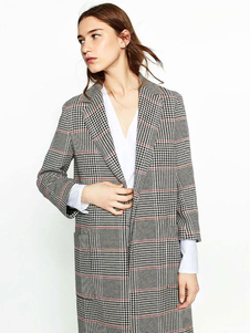 Attrayant manteau d'hiver femme coton polyester noir écossais avec poches surdimensionné col à rever