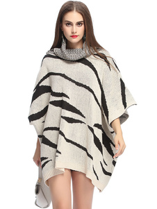 Poncho pull col roulé rayé manches courtes Oversize faible haute femmes en tricot Poncho