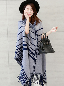 Poncho gris pull capuche rayé glands Oversize Poncho Cape femme