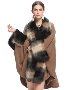 Cap brun manteau fausse fourrure manches longues col orné du manteau surdimensionné féminin