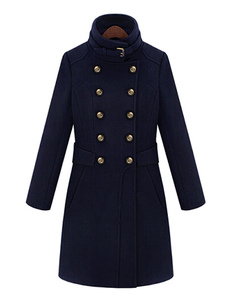 Adorable manteau d'hiver femme en gabardine bleu marine foncé unicolore avec bouton convenable col à
