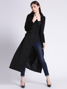 Attrayant manteau d'hiver femme coton polyester noir unicolore avec bouton convenable col à revers