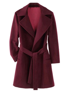 Fascinant manteau d'hiver femme en laine mélangée bordeaux unicolore avec lacets et ceinture col à r