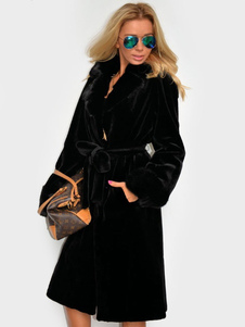 Magnétique manteau d'hiver femme en fausse fourrure noir unicolore avec lacets surdimensionné col à 