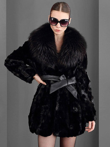 Col du coussin noir luxueux Wrap ceinturé manteau de la fausse fourrure manteau femme